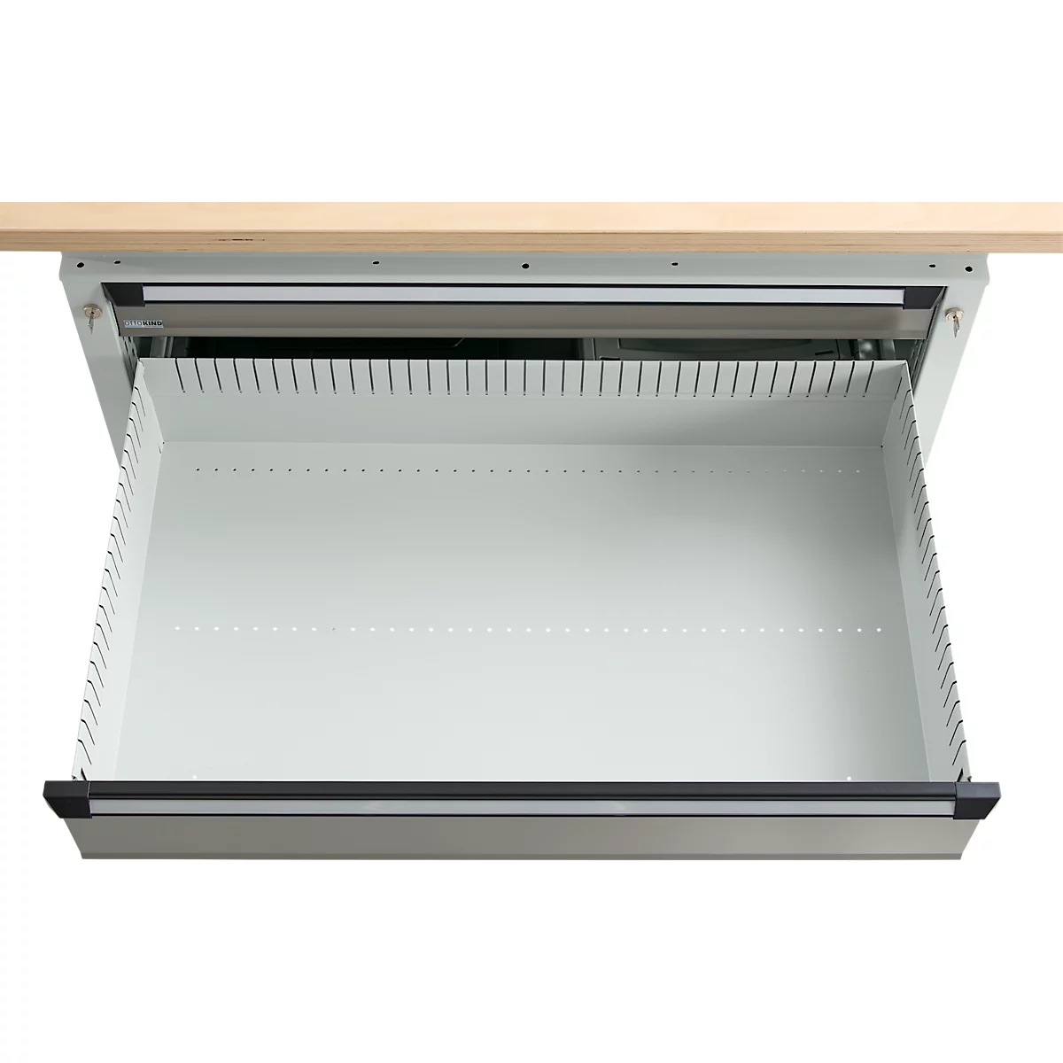 Otto Kind Breitfachwerkbank Typ 405, Buche Multiplexplatte, bis 1.200 kg, B 1524 x T 750 x H 850 mm, Stahl, Zentralverschluss, lichtgrau/staubgrau