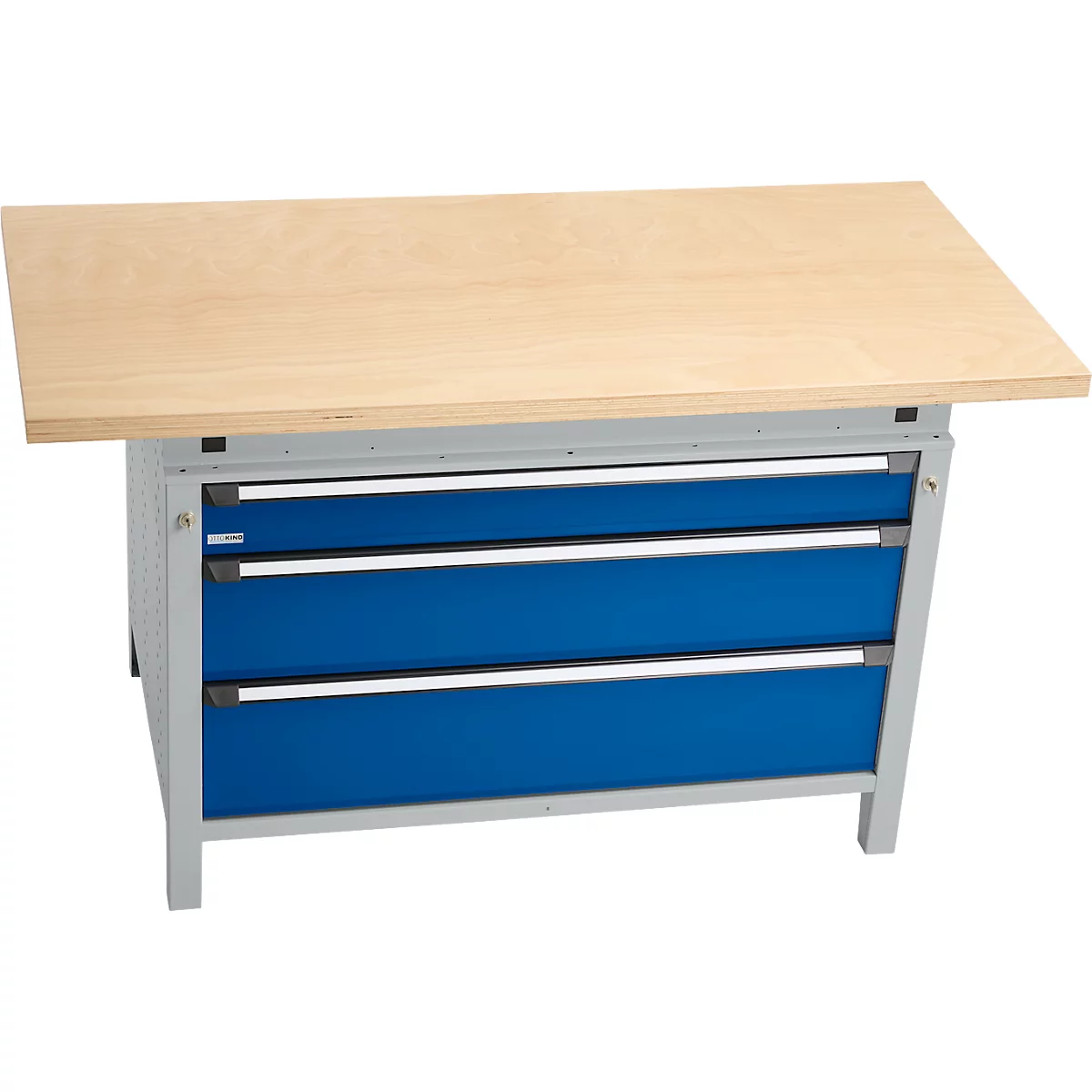 Otto Kind Breitfachwerkbank Typ 405, Buche Multiplexplatte, bis 1.200 kg, B 1524 x T 750 x H 850 mm, Stahl, Zentralverschluss, weißaluminium/enzianblau