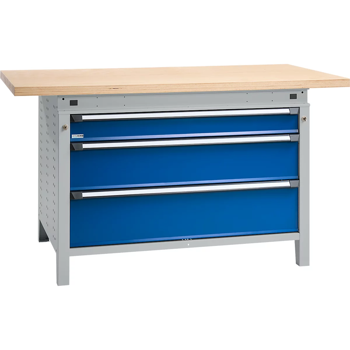 Otto Kind Breitfachwerkbank Typ 405, Buche Multiplexplatte, bis 1.200 kg, B 1524 x T 750 x H 850 mm, Stahl, Zentralverschluss, weißaluminium/enzianblau