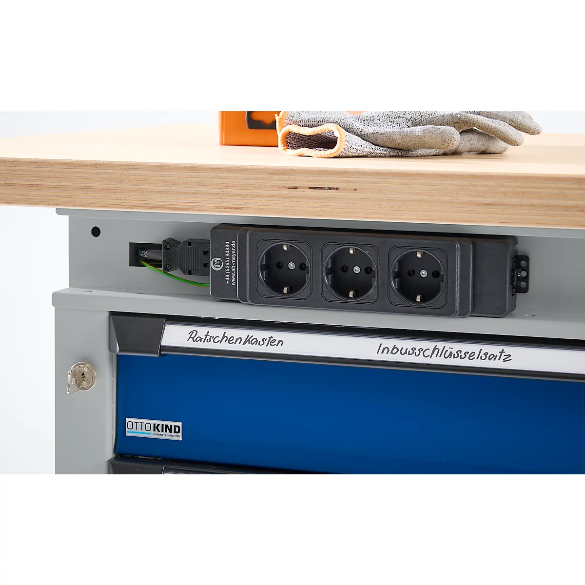 Otto Kind Breitfachwerkbank Typ 405, Buche Multiplexplatte, bis 1.200 kg, B 1524 x T 750 x H 850 mm, Stahl, Zentralverschluss, weißaluminium/enzianblau