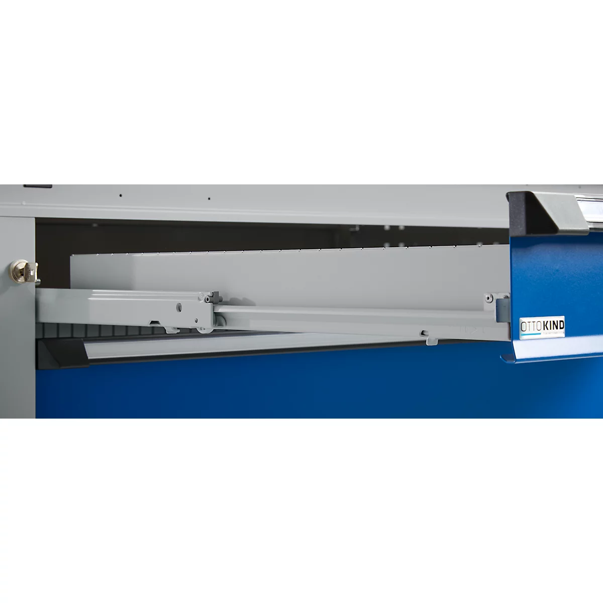 Otto Kind Breitfachwerkbank Typ 405, Buche Multiplexplatte, bis 1.200 kg, B 1524 x T 750 x H 850 mm, Stahl, Zentralverschluss, weißaluminium/enzianblau