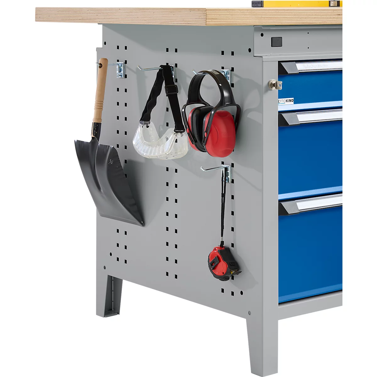 Otto Kind Breitfachwerkbank Typ 405, Buche Multiplexplatte, bis 1.200 kg, B 1524 x T 750 x H 850 mm, Stahl, Zentralverschluss, weißaluminium/enzianblau