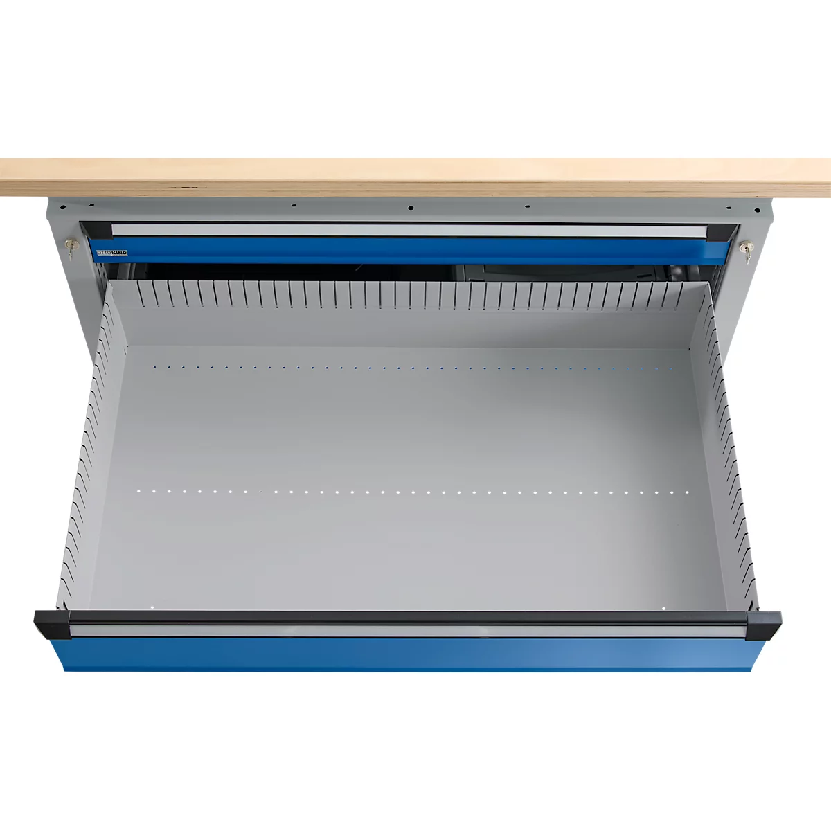 Otto Kind Breitfachwerkbank Typ 405, Buche Multiplexplatte, bis 1.200 kg, B 1524 x T 750 x H 850 mm, Stahl, Zentralverschluss, weißaluminium/enzianblau
