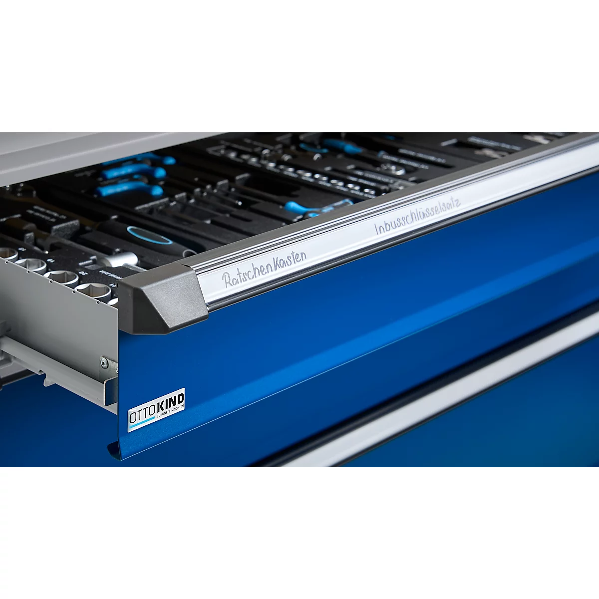 Otto Kind Breitfachwerkbank Typ 405, Buche Multiplexplatte, bis 1.200 kg, B 1524 x T 750 x H 850 mm, Stahl, Zentralverschluss, weißaluminium/enzianblau