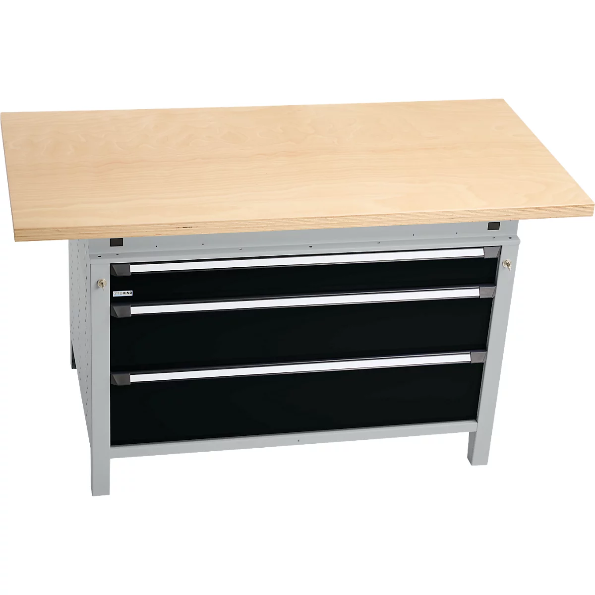 Otto Kind Breitfachwerkbank Typ 405, Buche Multiplexplatte, bis 1.200 kg, B 1524 x T 750 x H 850 mm, Stahl, Zentralverschluss, weißaluminium/tiefschwarz
