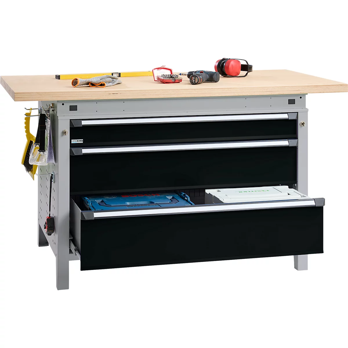 Otto Kind Breitfachwerkbank Typ 405, Buche Multiplexplatte, bis 1.200 kg, B 1524 x T 750 x H 850 mm, Stahl, Zentralverschluss, weißaluminium/tiefschwarz