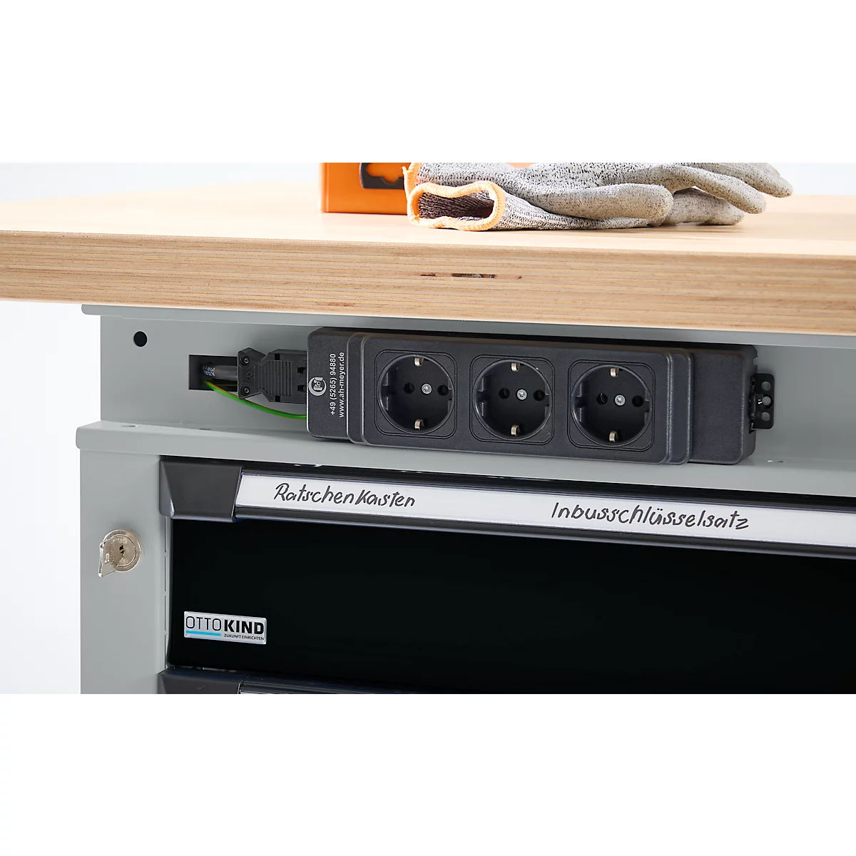 Otto Kind Breitfachwerkbank Typ 405, Buche Multiplexplatte, bis 1.200 kg, B 1524 x T 750 x H 850 mm, Stahl, Zentralverschluss, weißaluminium/tiefschwarz