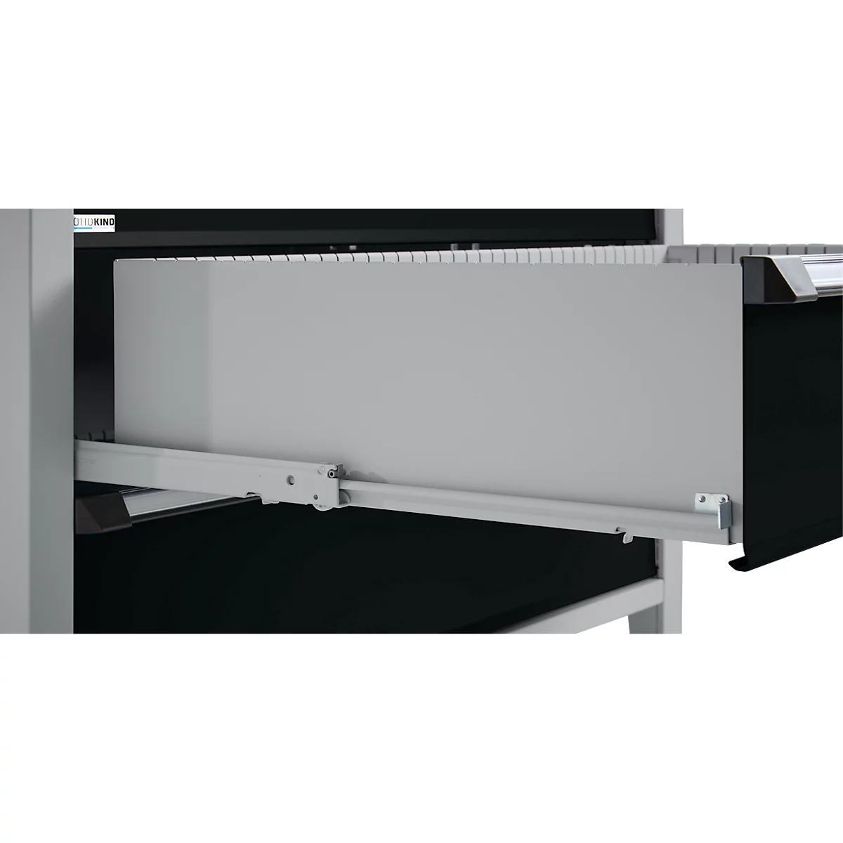 Otto Kind Breitfachwerkbank Typ 405, Buche Multiplexplatte, bis 1.200 kg, B 1524 x T 750 x H 850 mm, Stahl, Zentralverschluss, weißaluminium/tiefschwarz