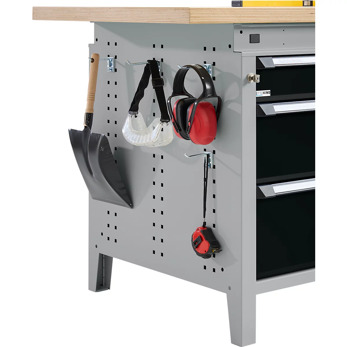Otto Kind Breitfachwerkbank Typ 405, Buche Multiplexplatte, bis 1.200 kg, B 1524 x T 750 x H 850 mm, Stahl, Zentralverschluss, weißaluminium/tiefschwarz
