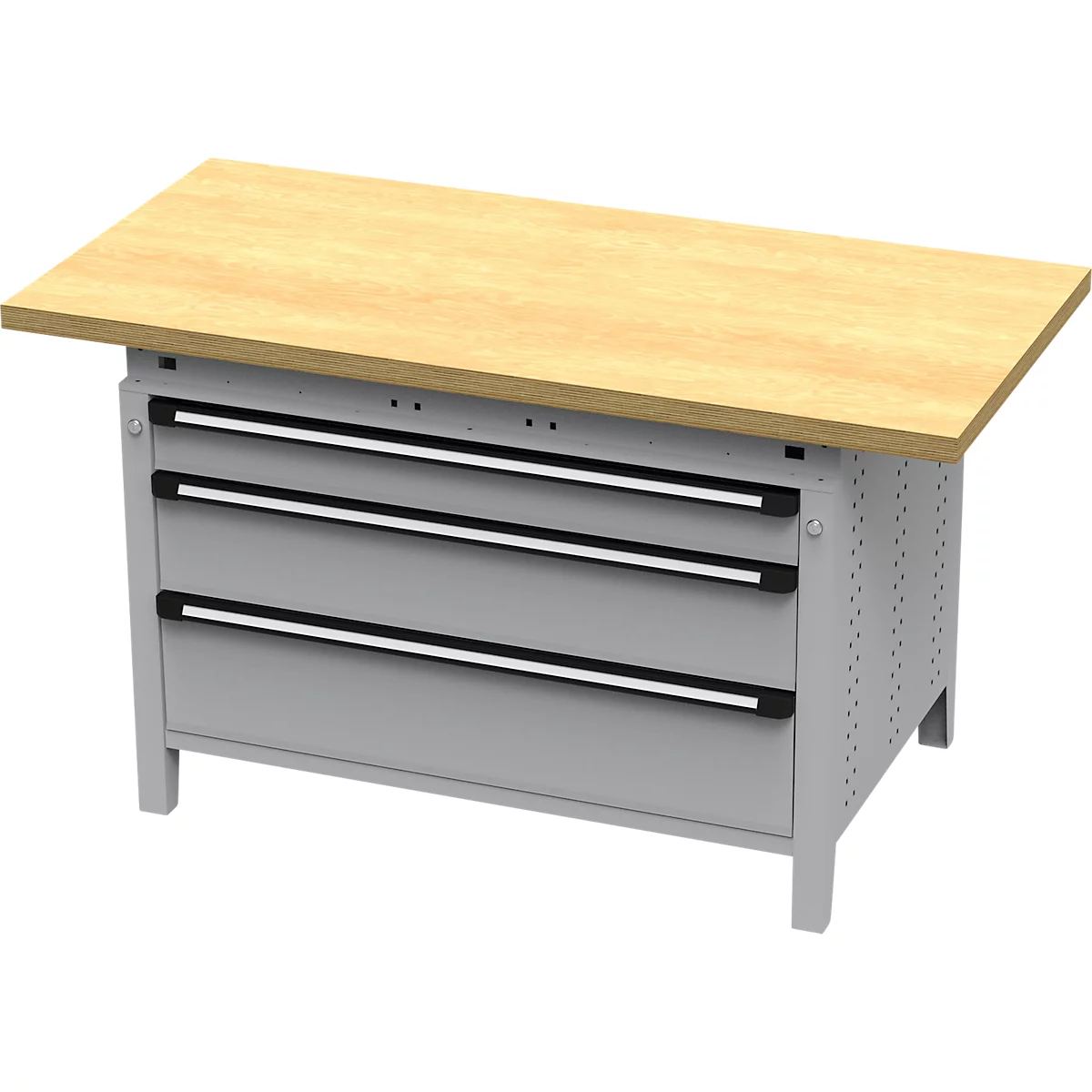 Otto Kind Breitfachwerkbank Typ 405, Buche Multiplexplatte, bis 1.200 kg, B 1524 x T 750 x H 850 mm, Stahl, Zentralverschluss, weißaluminium/weißaluminium