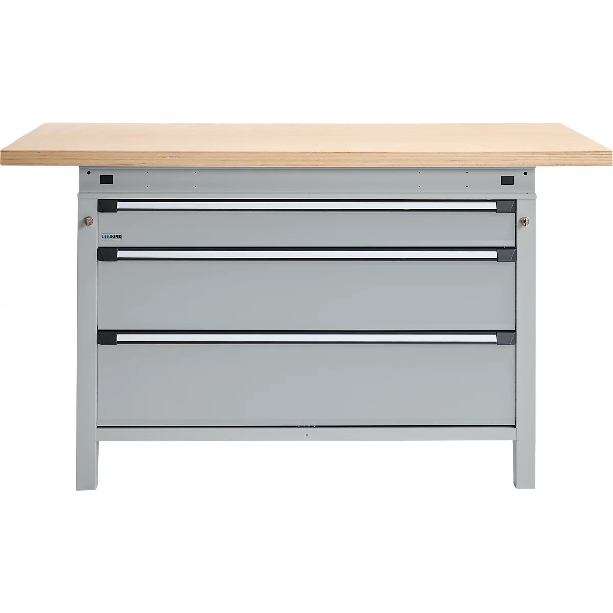 Otto Kind Breitfachwerkbank Typ 405, Buche Multiplexplatte, bis 1.200 kg, B 1524 x T 750 x H 850 mm, Stahl, Zentralverschluss, weißaluminium/weißaluminium