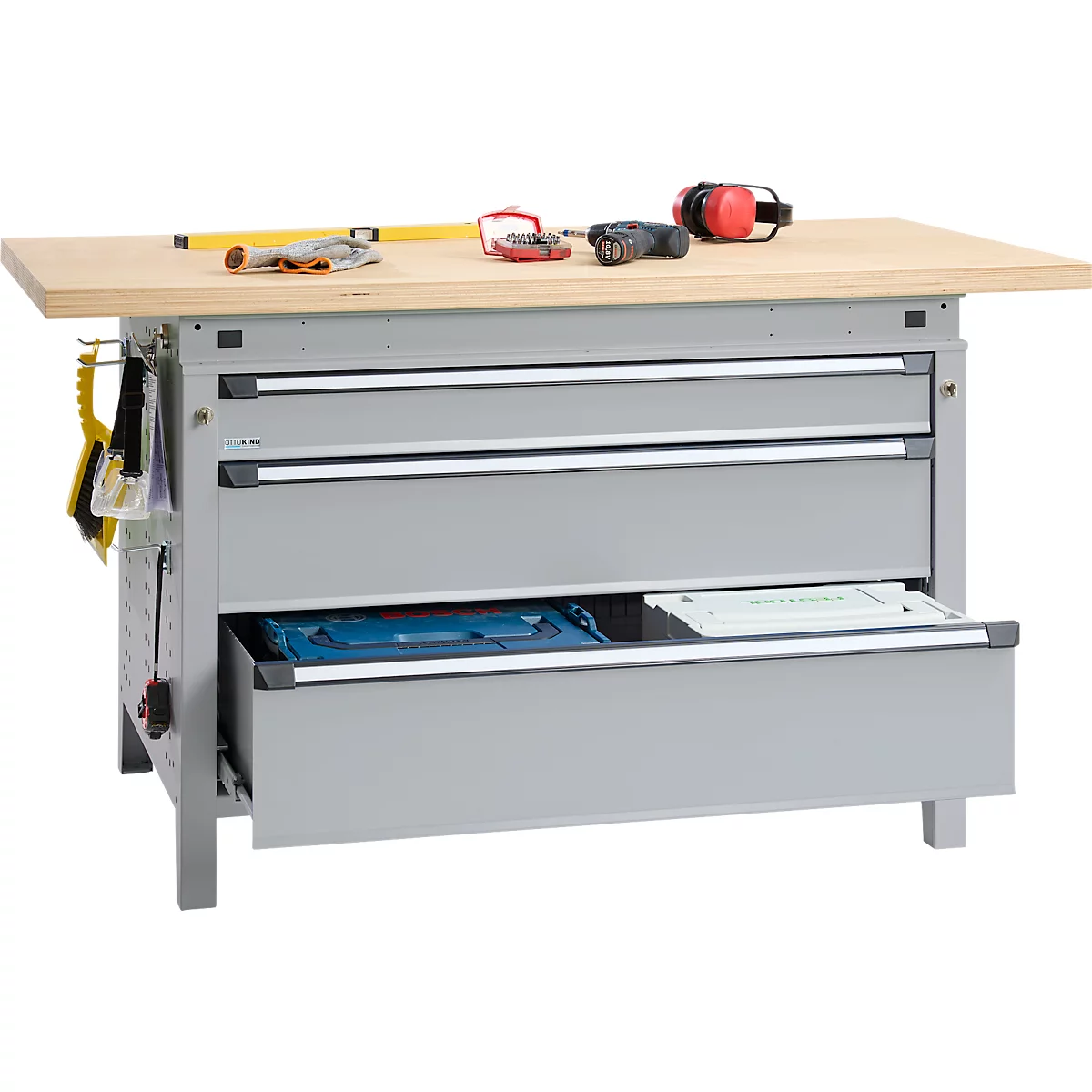 Otto Kind Breitfachwerkbank Typ 405, Buche Multiplexplatte, bis 1.200 kg, B 1524 x T 750 x H 850 mm, Stahl, Zentralverschluss, weißaluminium/weißaluminium