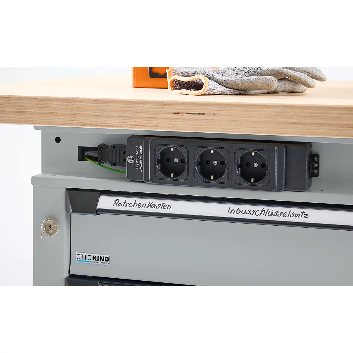 Otto Kind Breitfachwerkbank Typ 405, Buche Multiplexplatte, bis 1.200 kg, B 1524 x T 750 x H 850 mm, Stahl, Zentralverschluss, weißaluminium/weißaluminium