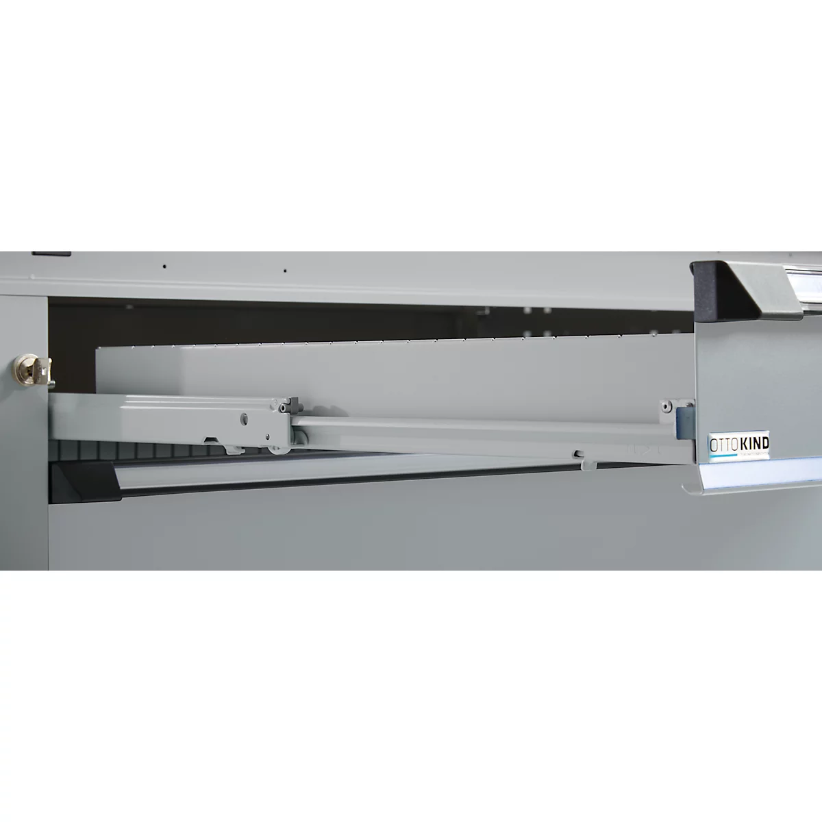 Otto Kind Breitfachwerkbank Typ 405, Buche Multiplexplatte, bis 1.200 kg, B 1524 x T 750 x H 850 mm, Stahl, Zentralverschluss, weißaluminium/weißaluminium