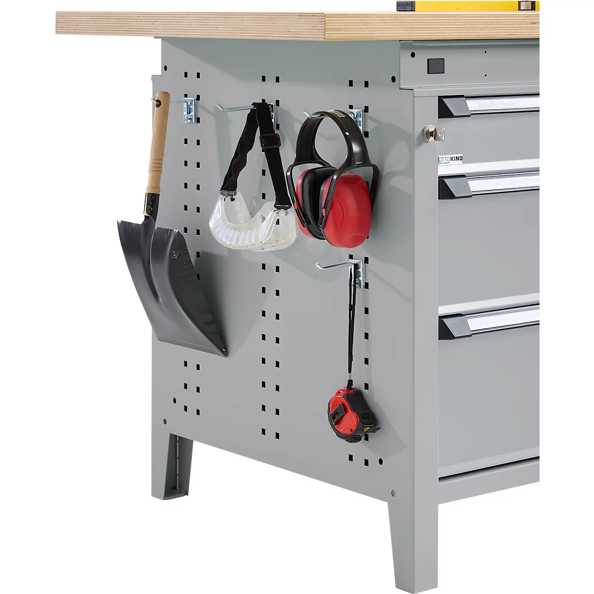 Otto Kind Breitfachwerkbank Typ 405, Buche Multiplexplatte, bis 1.200 kg, B 1524 x T 750 x H 850 mm, Stahl, Zentralverschluss, weißaluminium/weißaluminium