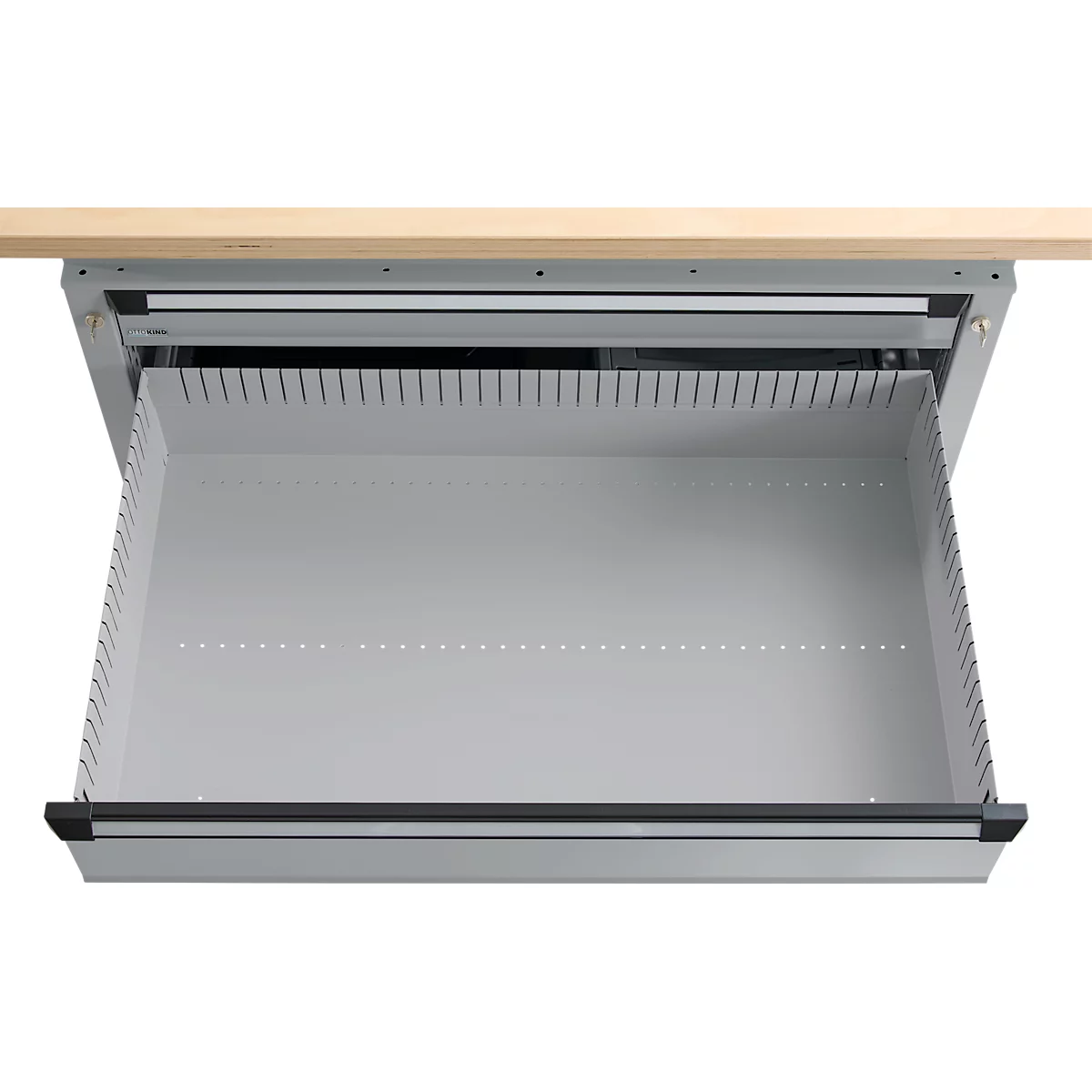 Otto Kind Breitfachwerkbank Typ 405, Buche Multiplexplatte, bis 1.200 kg, B 1524 x T 750 x H 850 mm, Stahl, Zentralverschluss, weißaluminium/weißaluminium