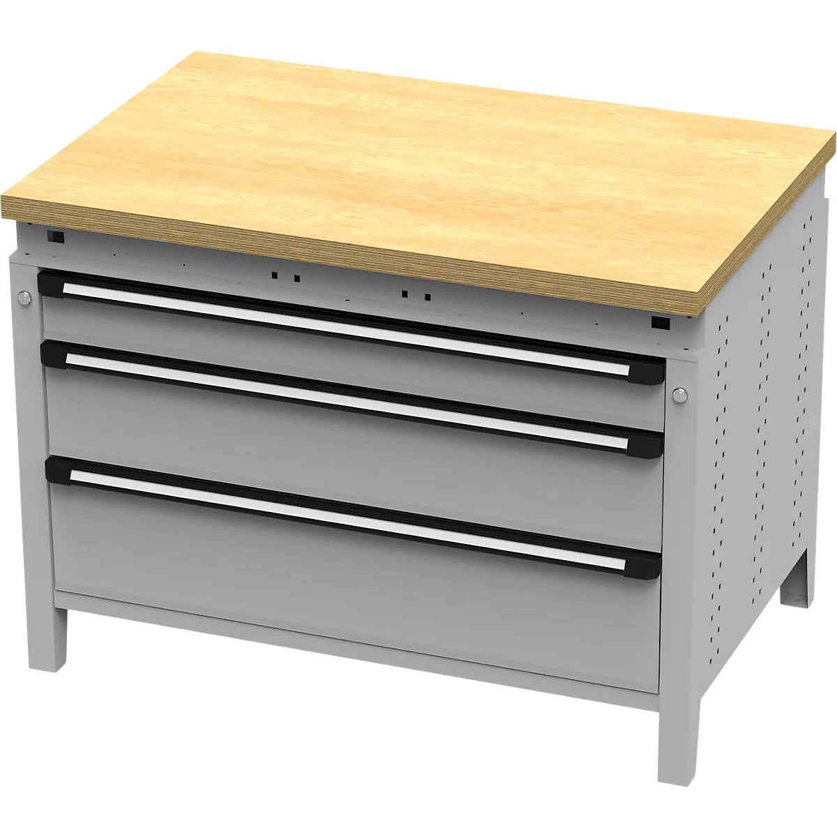 Otto Kind Breitfachwerkbank Typ 410, Buche Multiplexplatte, bis 1.200 kg, B 1152 x T 750 x H 850 mm, Stahl, Zentralverschluss, weißaluminium/weißaluminium