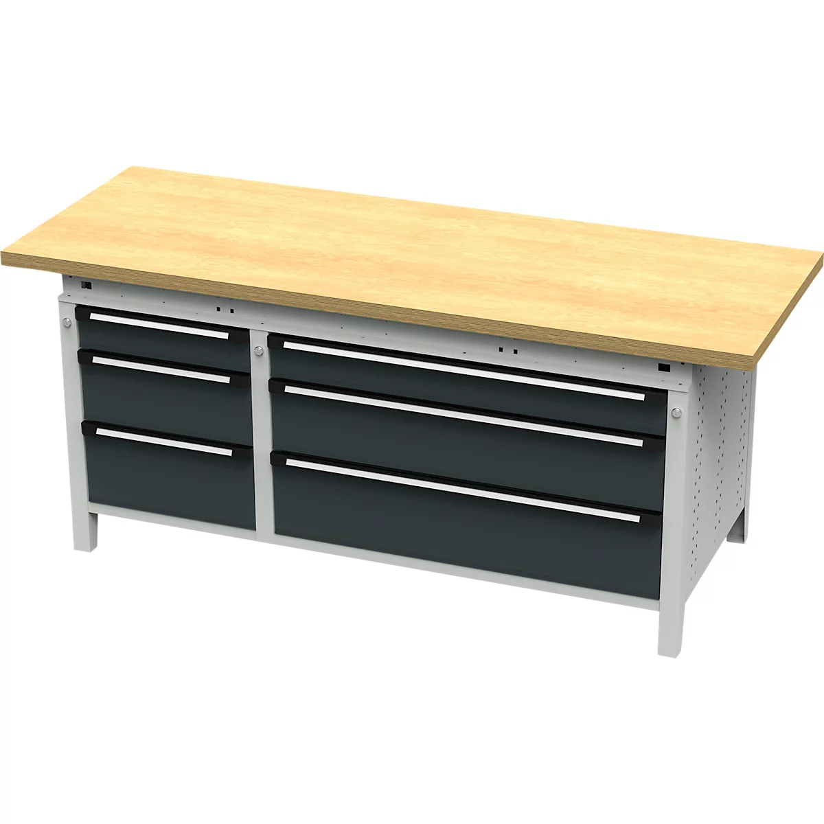 Otto Kind Breitfachwerkbank Typ 415, Buche Multiplexplatte, bis 1.400 kg, B 2004 x T 750 x H 850 mm, Stahl, Zentralverschluss, lichtgrau/anthrazitgrau