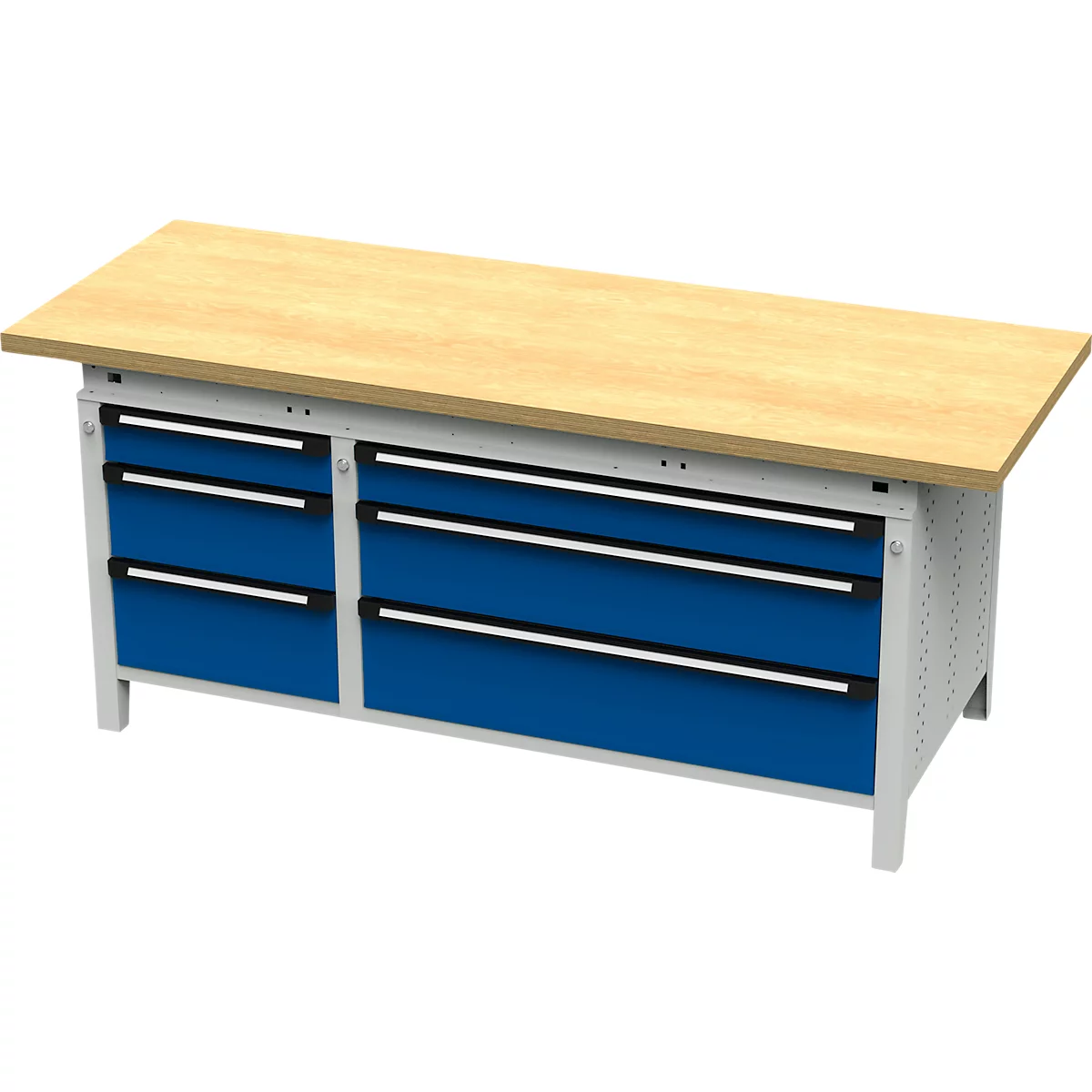 Otto Kind Breitfachwerkbank Typ 415, Buche Multiplexplatte, bis 1.400 kg, B 2004 x T 750 x H 850 mm, Stahl, Zentralverschluss, lichtgrau/enzianblau