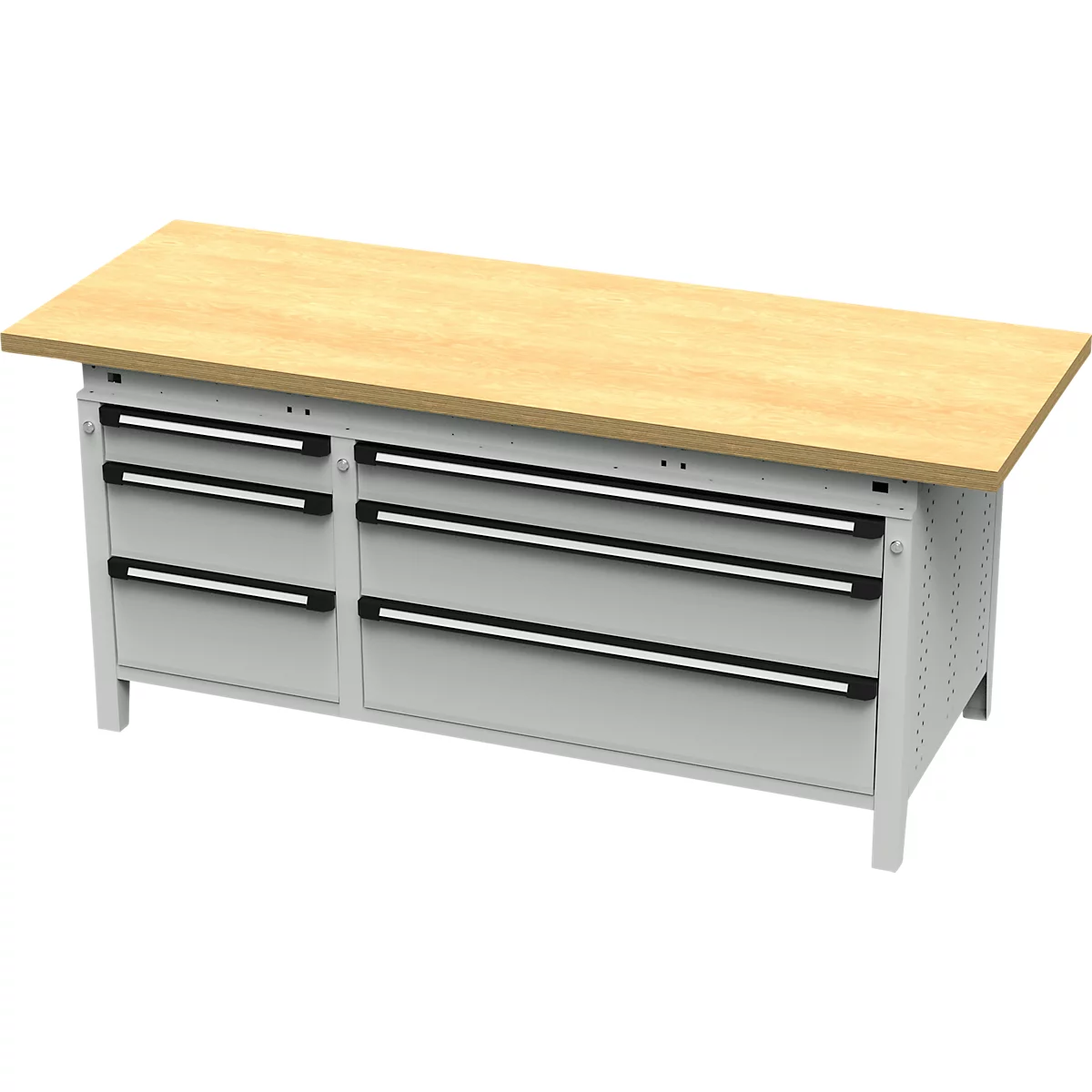 Otto Kind Breitfachwerkbank Typ 415, Buche Multiplexplatte, bis 1.400 kg, B 2004 x T 750 x H 850 mm, Stahl, Zentralverschluss, lichtgrau/lichtgrau