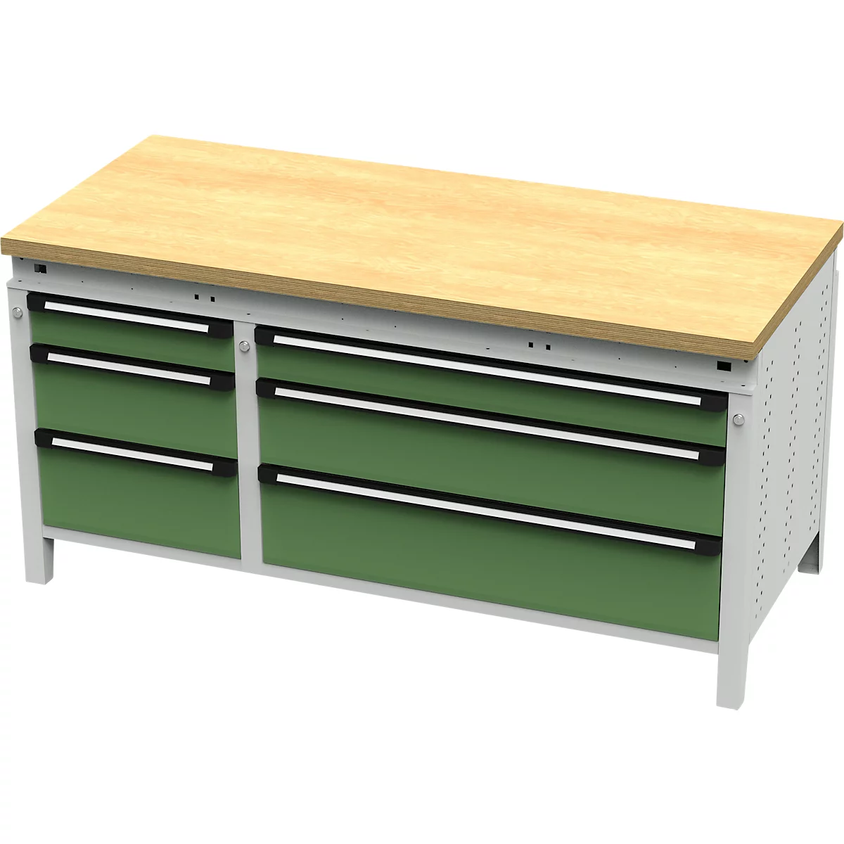Otto Kind Breitfachwerkbank Typ 420, bündig, Buche Multiplexplatte, bis 1400 kg, B 1697 x T 750 x H 850 mm, Stahl, Zentralverschluss, lichtgrau/resedagrün