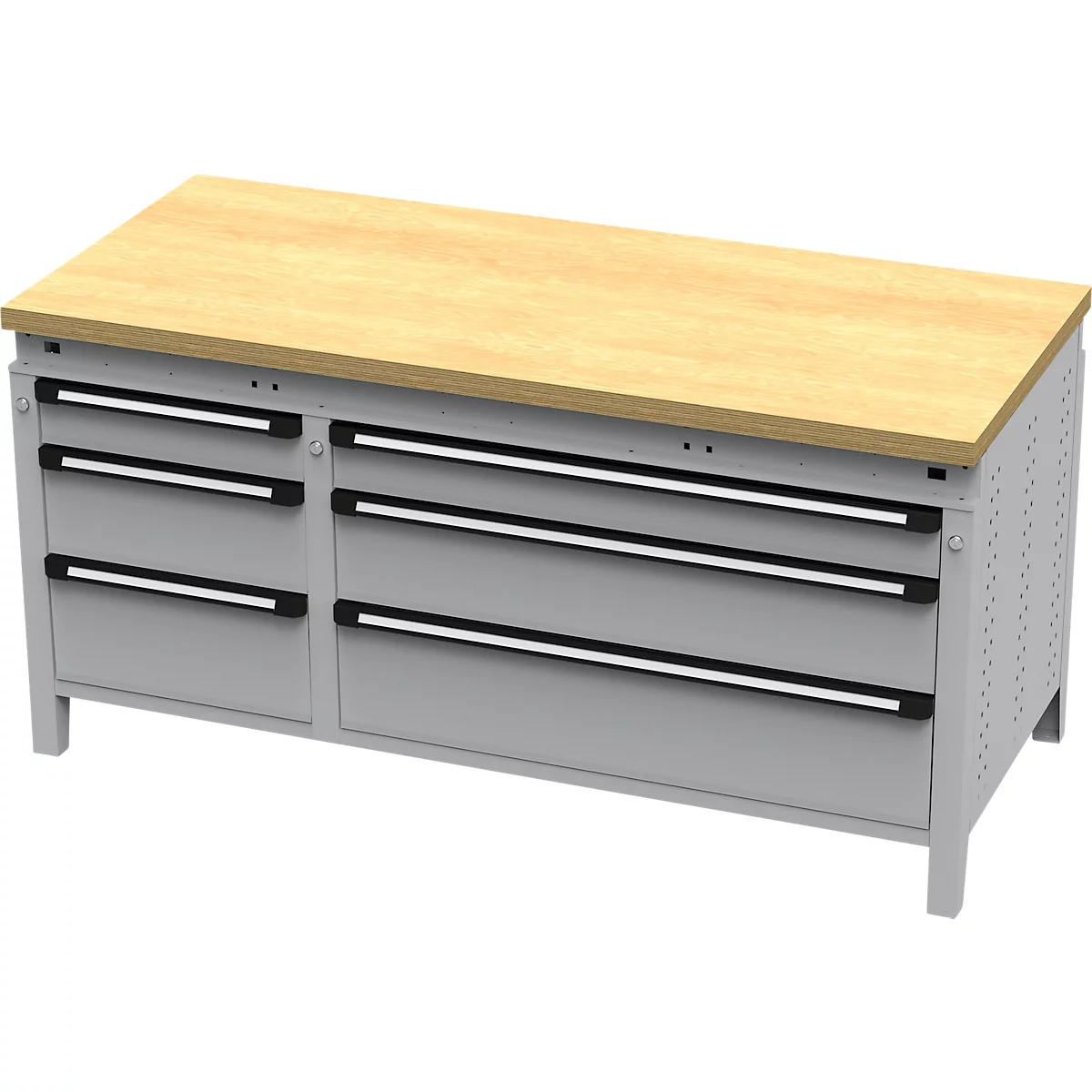 Otto Kind Breitfachwerkbank Typ 420, bündig, Buche Multiplexplatte, bis 1400 kg, B 1697 x T 750 x H 850 mm, Stahl, Zentralverschluss, weißaluminium/weißaluminium