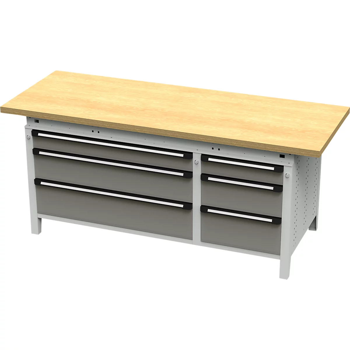 Otto Kind Breitfachwerkbank Typ 425, Buche Multiplexplatte, überstehend, bis 1400 kg, B 2004 x T 750 x H 850 mm, Stahl, Zentralverschluss, lichtgrau/staubgrau