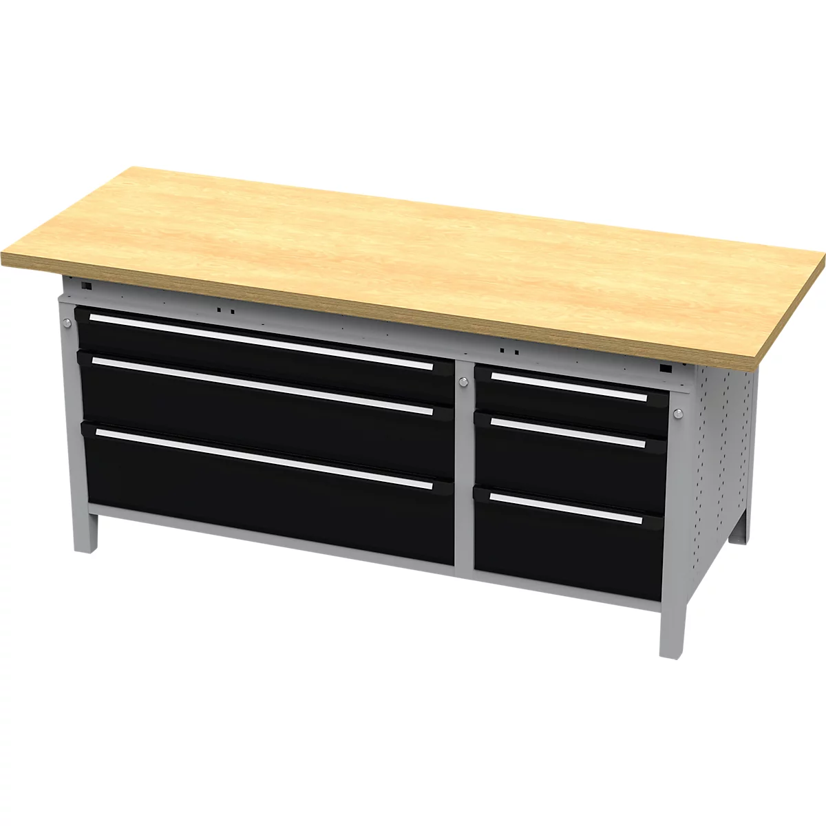 Otto Kind Breitfachwerkbank Typ 425, Buche Multiplexplatte, überstehend, bis 1400 kg, B 2004 x T 750 x H 850 mm, Stahl, Zentralverschluss, weißaluminium/tiefschwarz