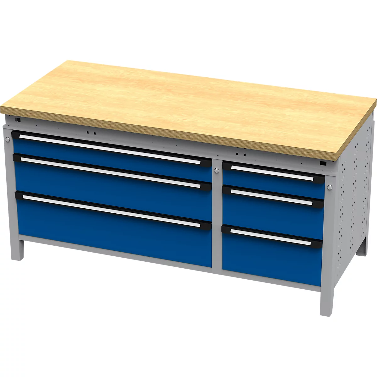 Otto Kind Breitfachwerkbank Typ 430, Buche Multiplexplatte, bündig, bis 1400 kg, B 1697 x T 750 x H 850 mm, Stahl, Zentralverschluss, weißaluminium/enzianblau