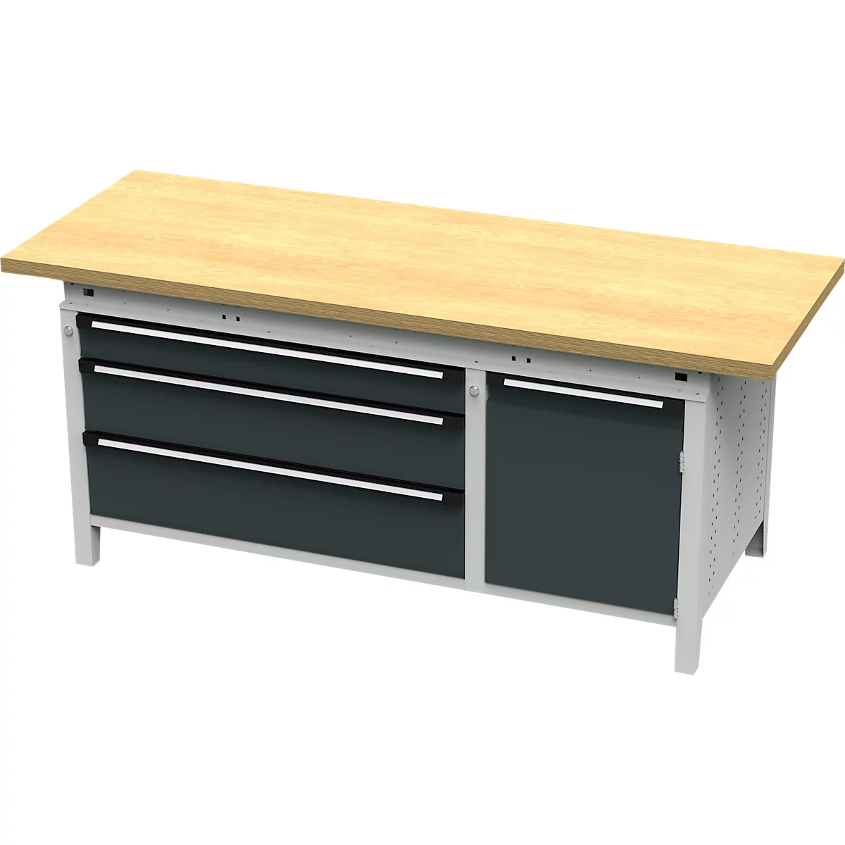 Otto Kind Breitfachwerkbank Typ 435, Buche Multiplexplatte, überstehend, bis 1400 kg, B 2004 x T 750 x H 850 mm, Stahl, Zentralverschluss, lichtgrau/anthrazitgrau