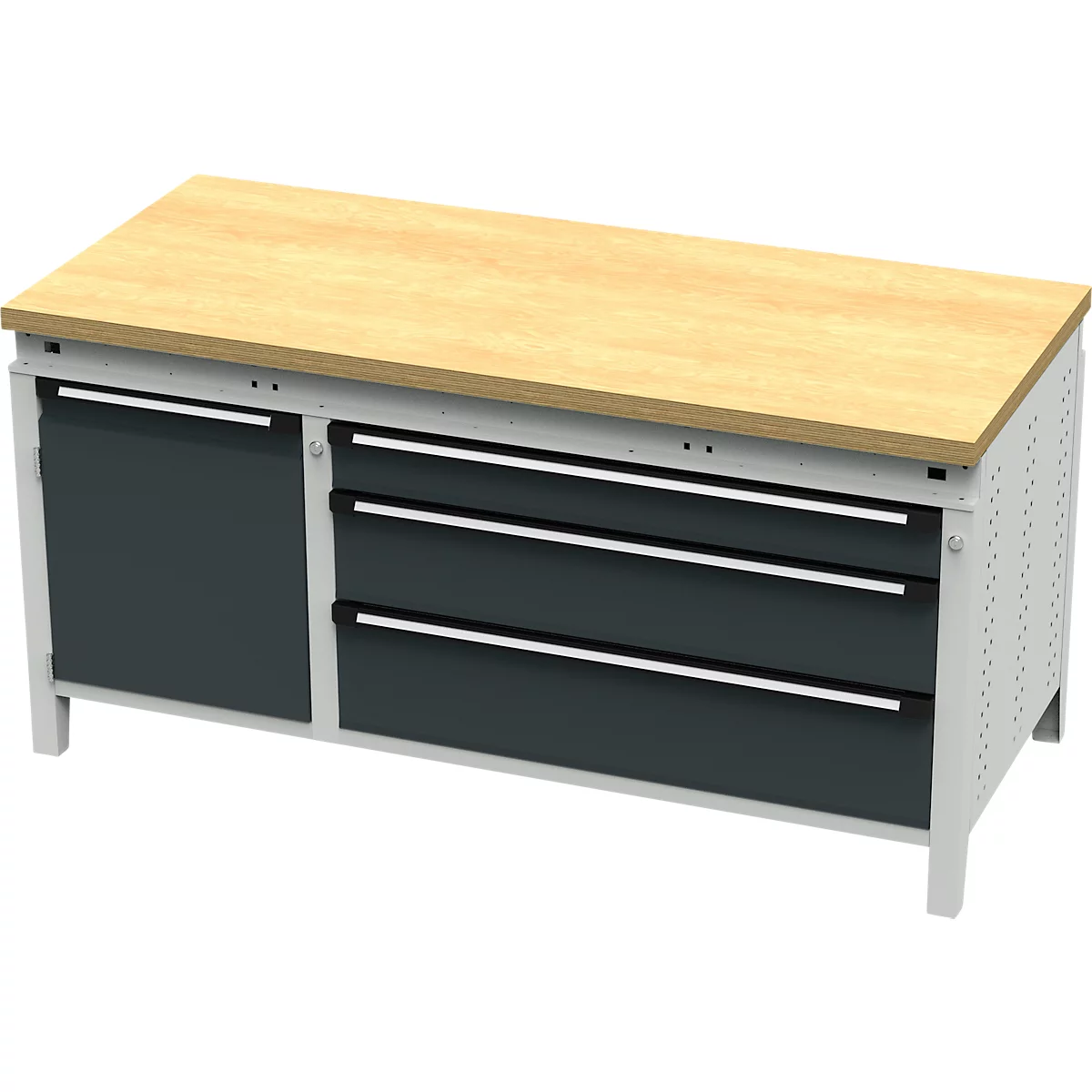 Otto Kind Breitfachwerkbank Typ 440, Buche Multiplexplatte, bündig, bis 1400 kg, B 1697 x T 750 x H 850 mm, Stahl, Zentralverschluss, lichtgrau/anthrazitgrau