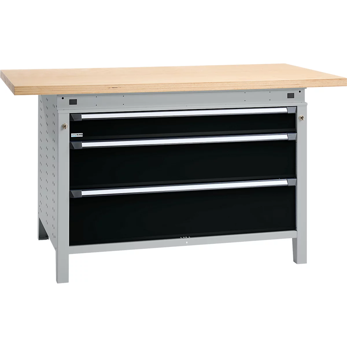 Otto Kind établi large type 405, plateau en hêtre multiplex, jusqu'à 1 200 kg, L 1524 x P 750 x H 850 mm, acier, fermeture centrale, blanc aluminium/noir profond