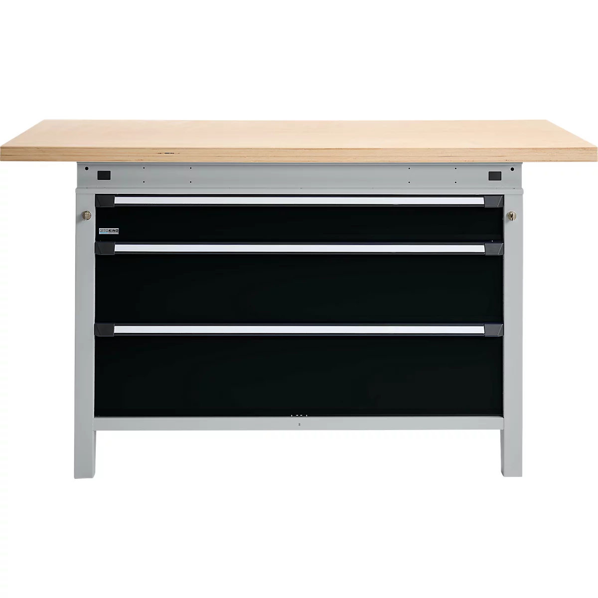 Otto Kind établi large type 405, plateau en hêtre multiplex, jusqu'à 1 200 kg, L 1524 x P 750 x H 850 mm, acier, fermeture centrale, blanc aluminium/noir profond