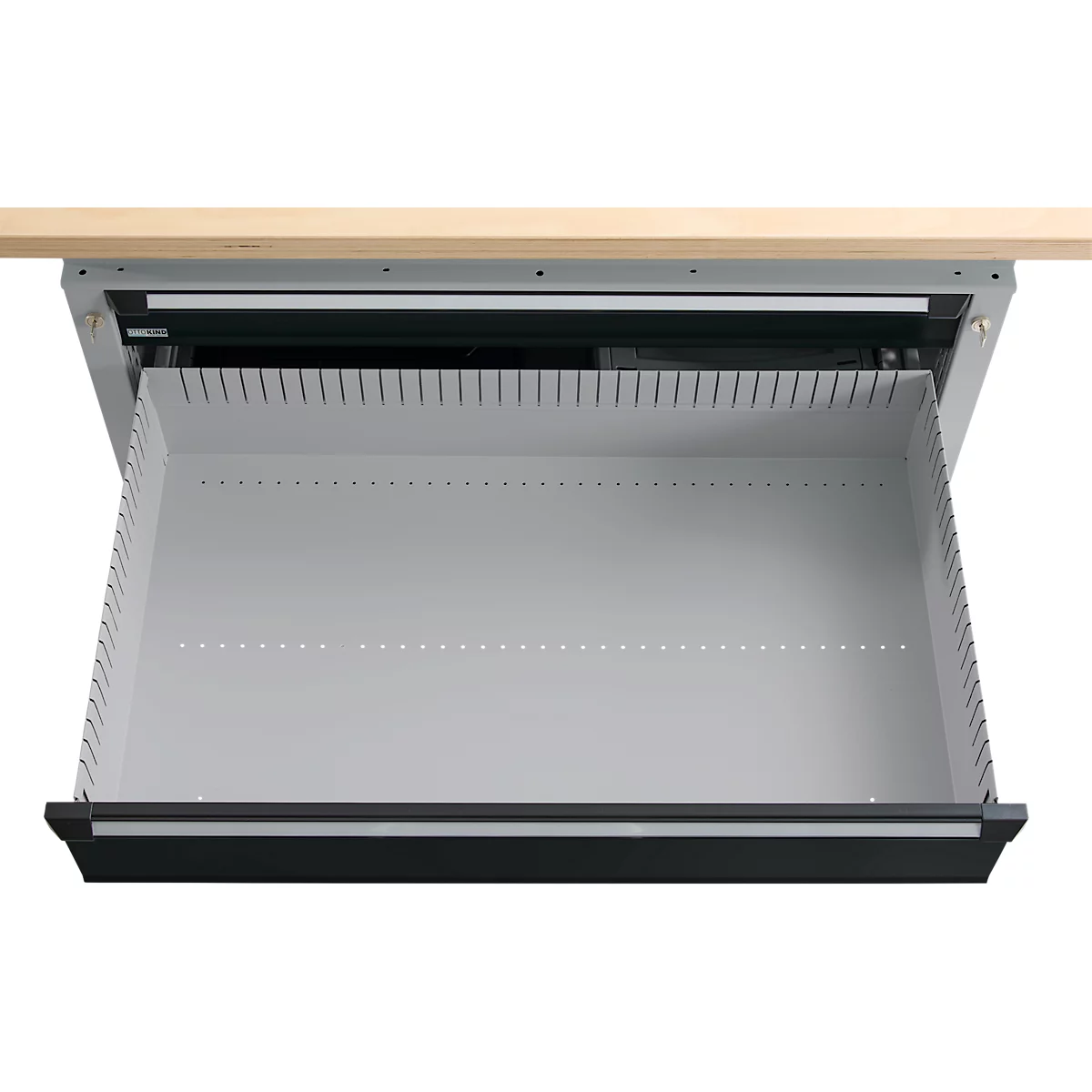 Otto Kind établi large type 405, plateau en hêtre multiplex, jusqu'à 1 200 kg, L 1524 x P 750 x H 850 mm, acier, fermeture centrale, blanc aluminium/noir profond