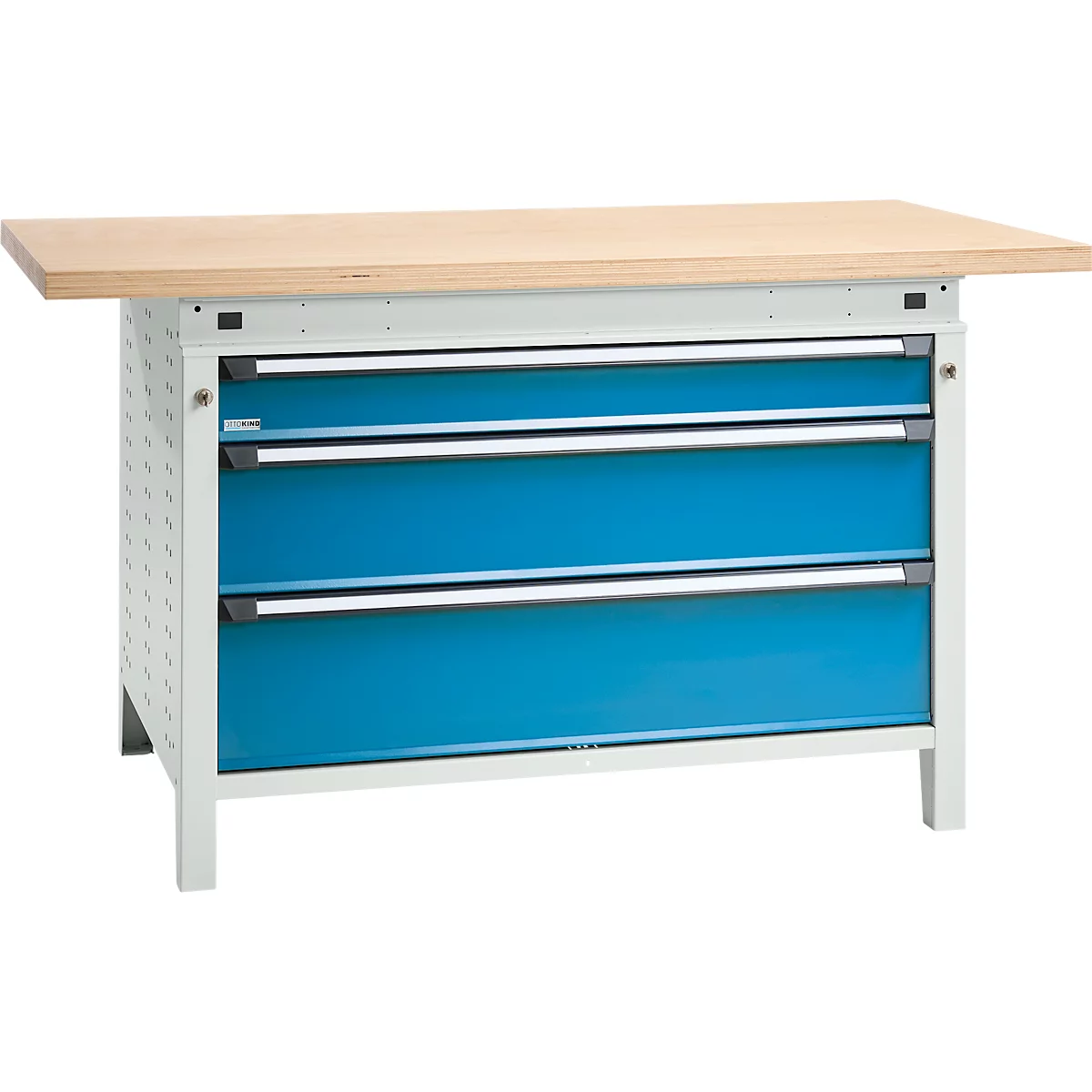 Otto Kind établi large type 405, plateau en hêtre multiplex, jusqu'à 1 200 kg, L 1524 x P 750 x H 850 mm, acier, fermeture centrale, gris clair/bleu clair