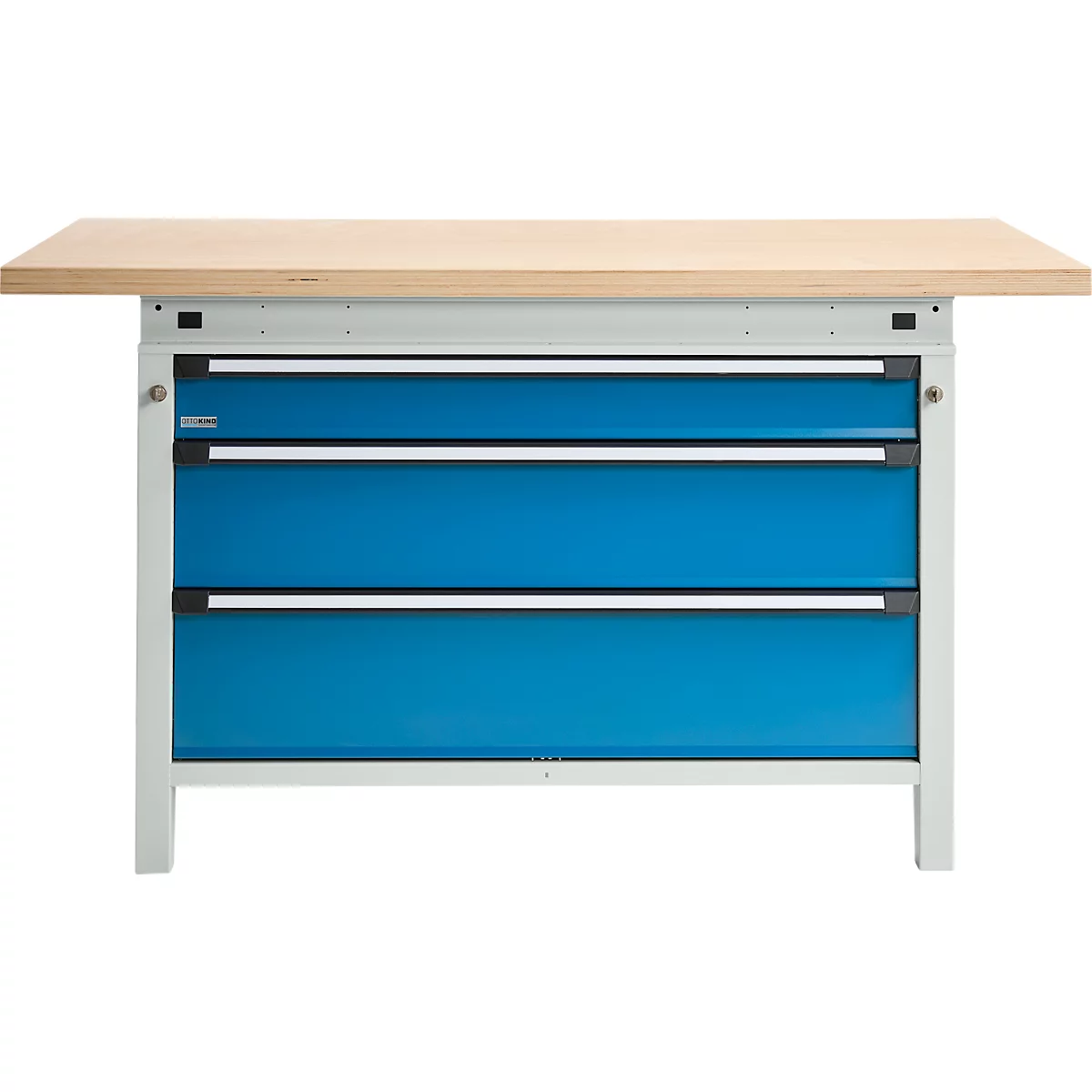 Otto Kind établi large type 405, plateau en hêtre multiplex, jusqu'à 1 200 kg, L 1524 x P 750 x H 850 mm, acier, fermeture centrale, gris clair/bleu clair