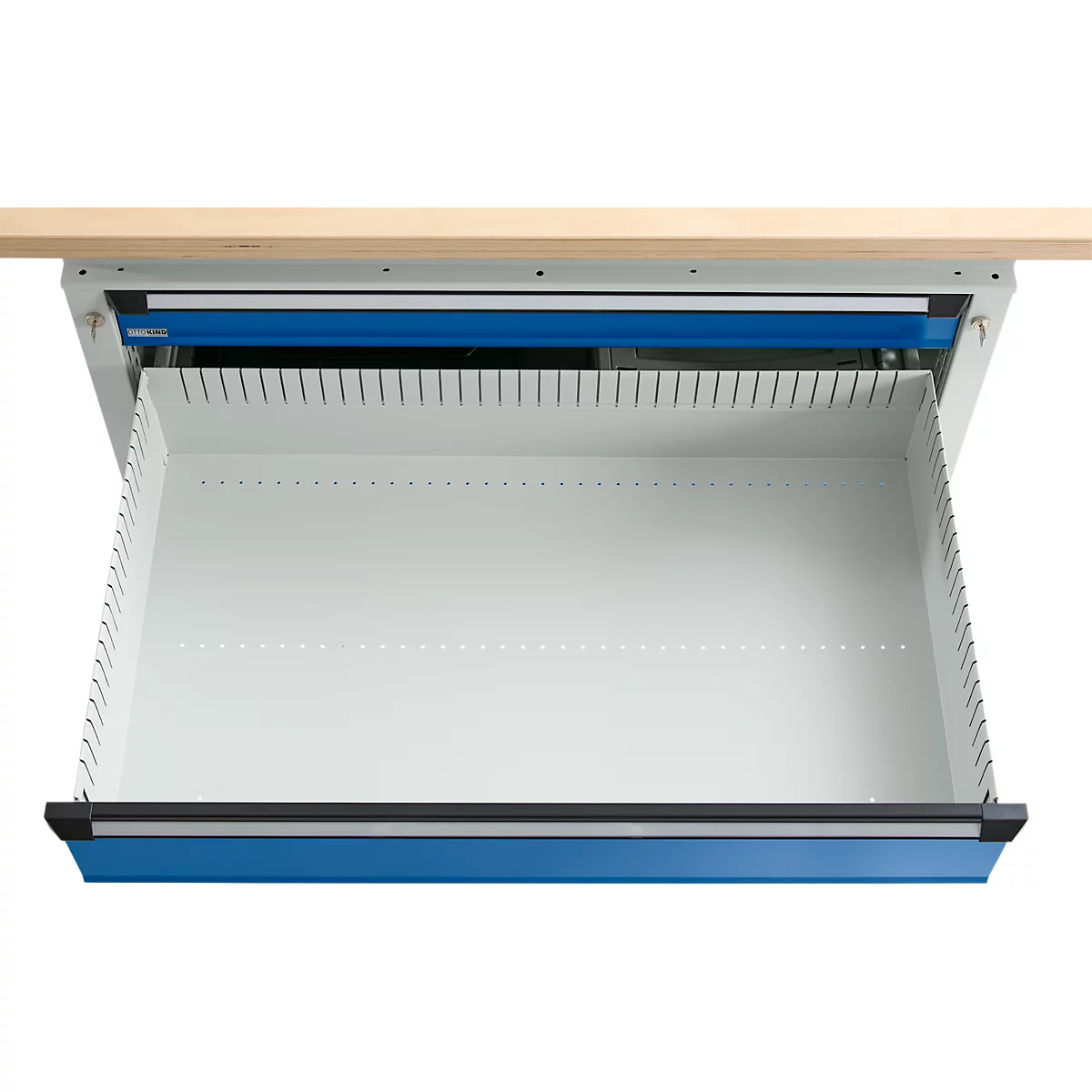 Otto Kind établi large type 405, plateau en hêtre multiplex, jusqu'à 1 200 kg, L 1524 x P 750 x H 850 mm, acier, fermeture centrale, gris clair/bleu enzanium