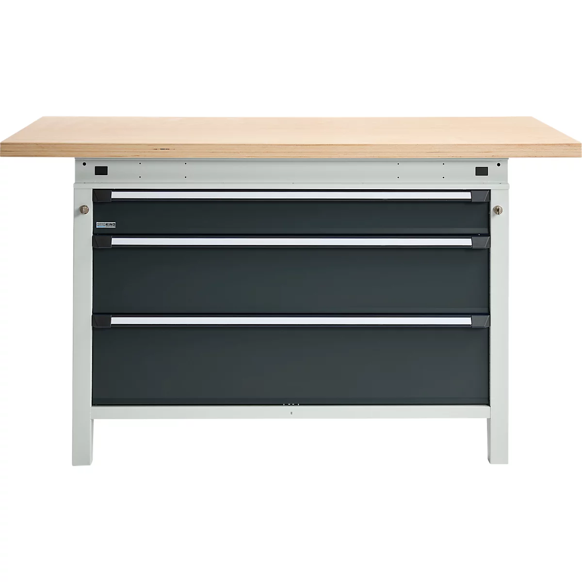 Otto Kind établi large type 405, plateau en hêtre multiplex, jusqu'à 1 200 kg, L 1524 x P 750 x H 850 mm, acier, fermeture centrale, gris clair/gris anthracite