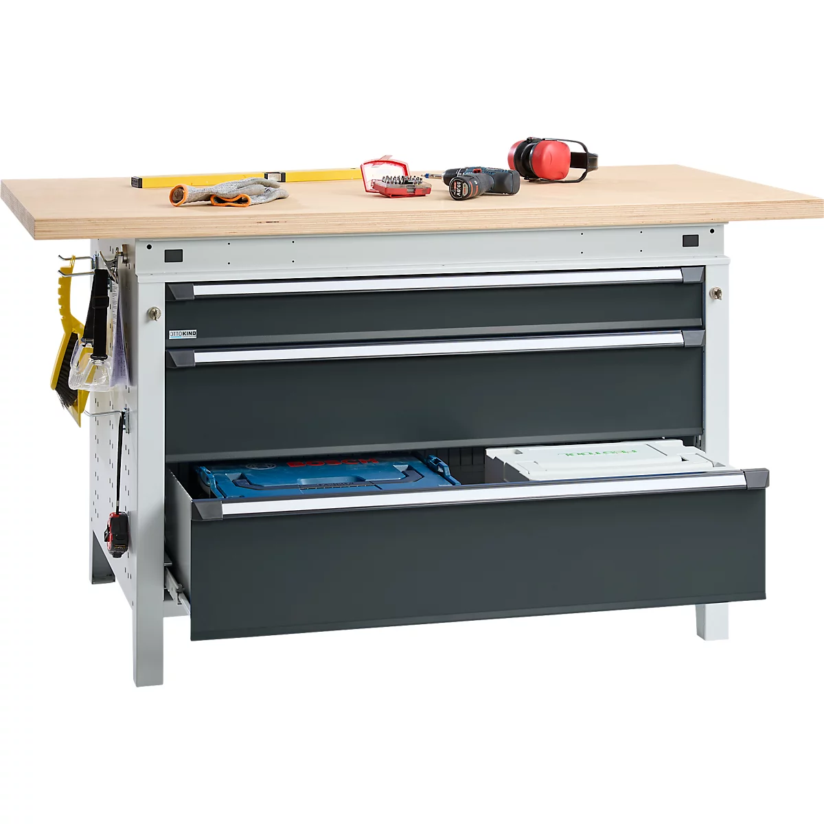 Otto Kind établi large type 405, plateau en hêtre multiplex, jusqu'à 1 200 kg, L 1524 x P 750 x H 850 mm, acier, fermeture centrale, gris clair/gris anthracite
