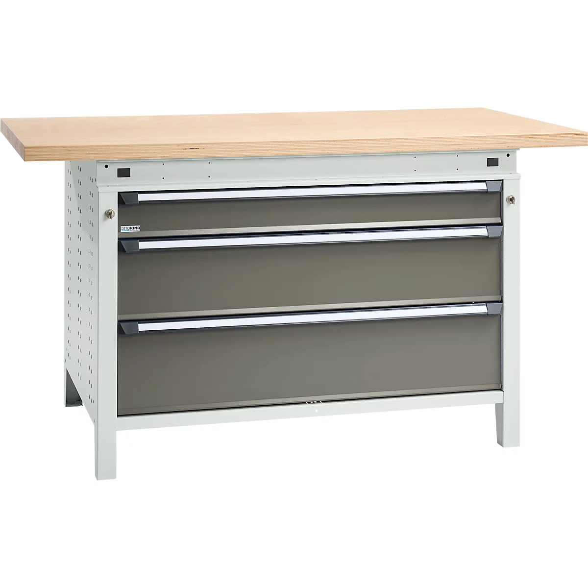 Otto Kind établi large type 405, plateau en hêtre multiplex, jusqu'à 1 200 kg, L 1524 x P 750 x H 850 mm, acier, fermeture centrale, gris clair/gris poussière