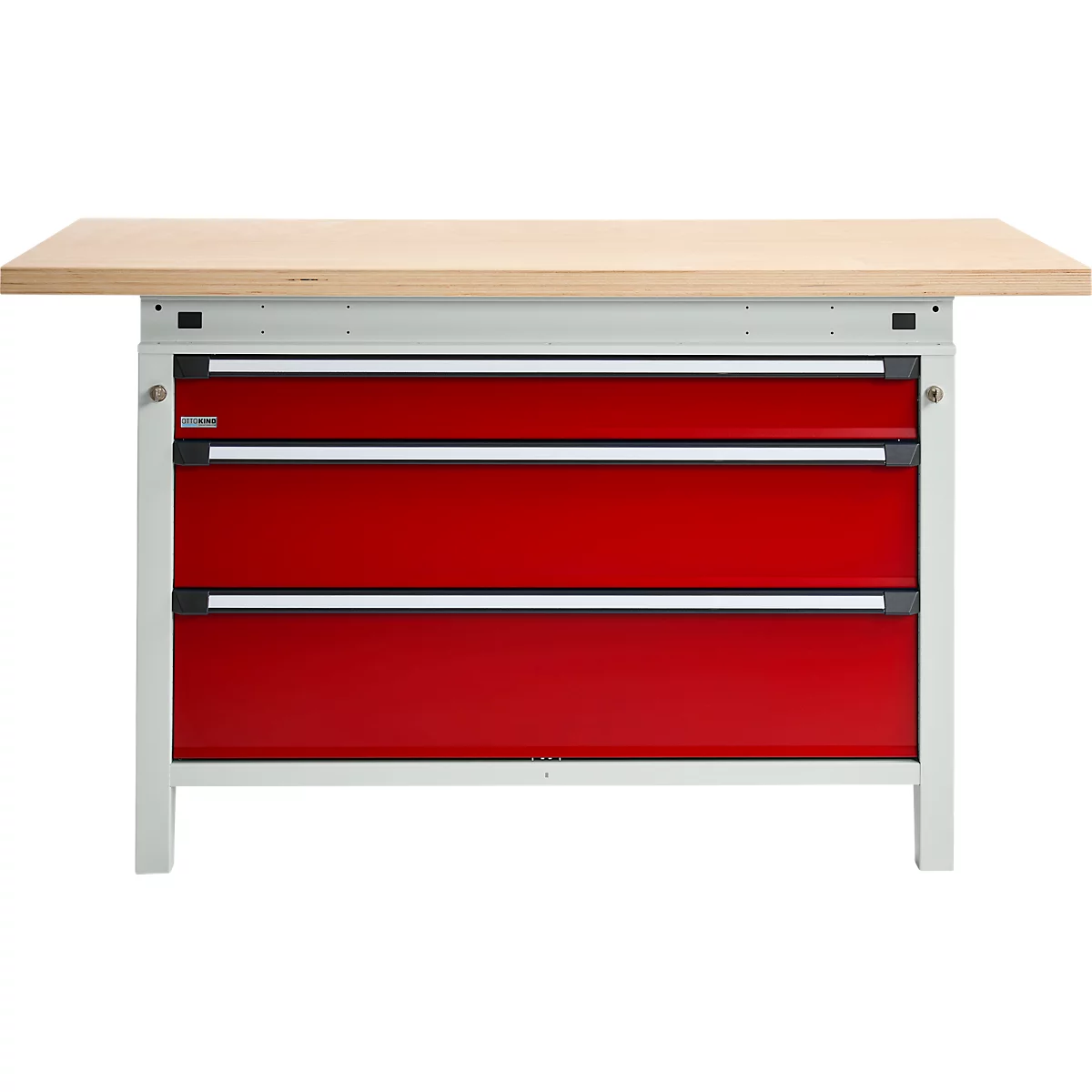 Otto Kind établi large type 405, plateau en hêtre multiplex, jusqu'à 1 200 kg, L 1524 x P 750 x H 850 mm, acier, fermeture centrale, gris clair/rouge feu