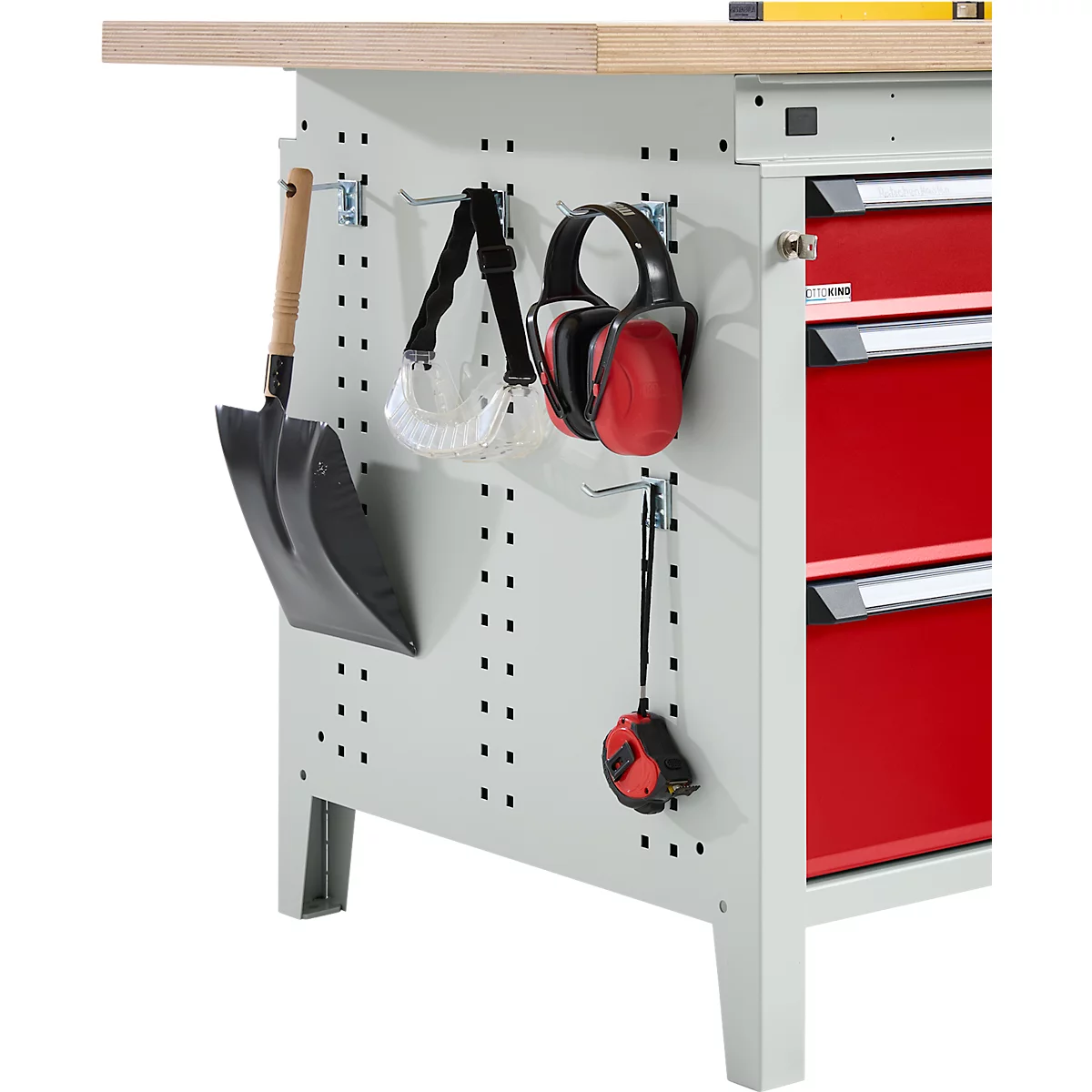 Otto Kind établi large type 405, plateau en hêtre multiplex, jusqu'à 1 200 kg, L 1524 x P 750 x H 850 mm, acier, fermeture centrale, gris clair/rouge feu