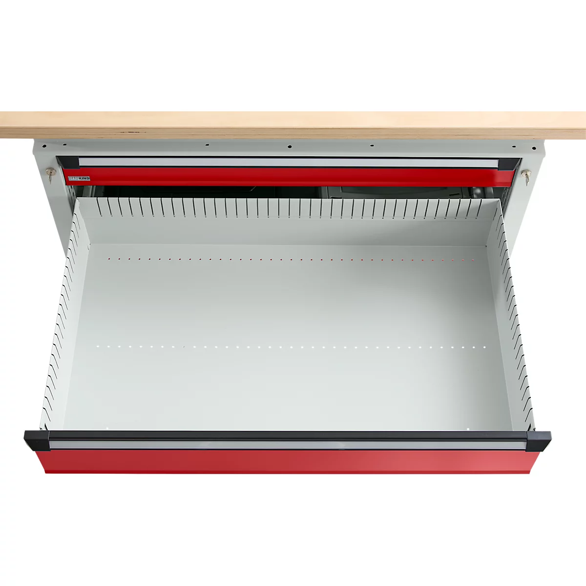 Otto Kind établi large type 405, plateau en hêtre multiplex, jusqu'à 1 200 kg, L 1524 x P 750 x H 850 mm, acier, fermeture centrale, gris clair/rouge feu
