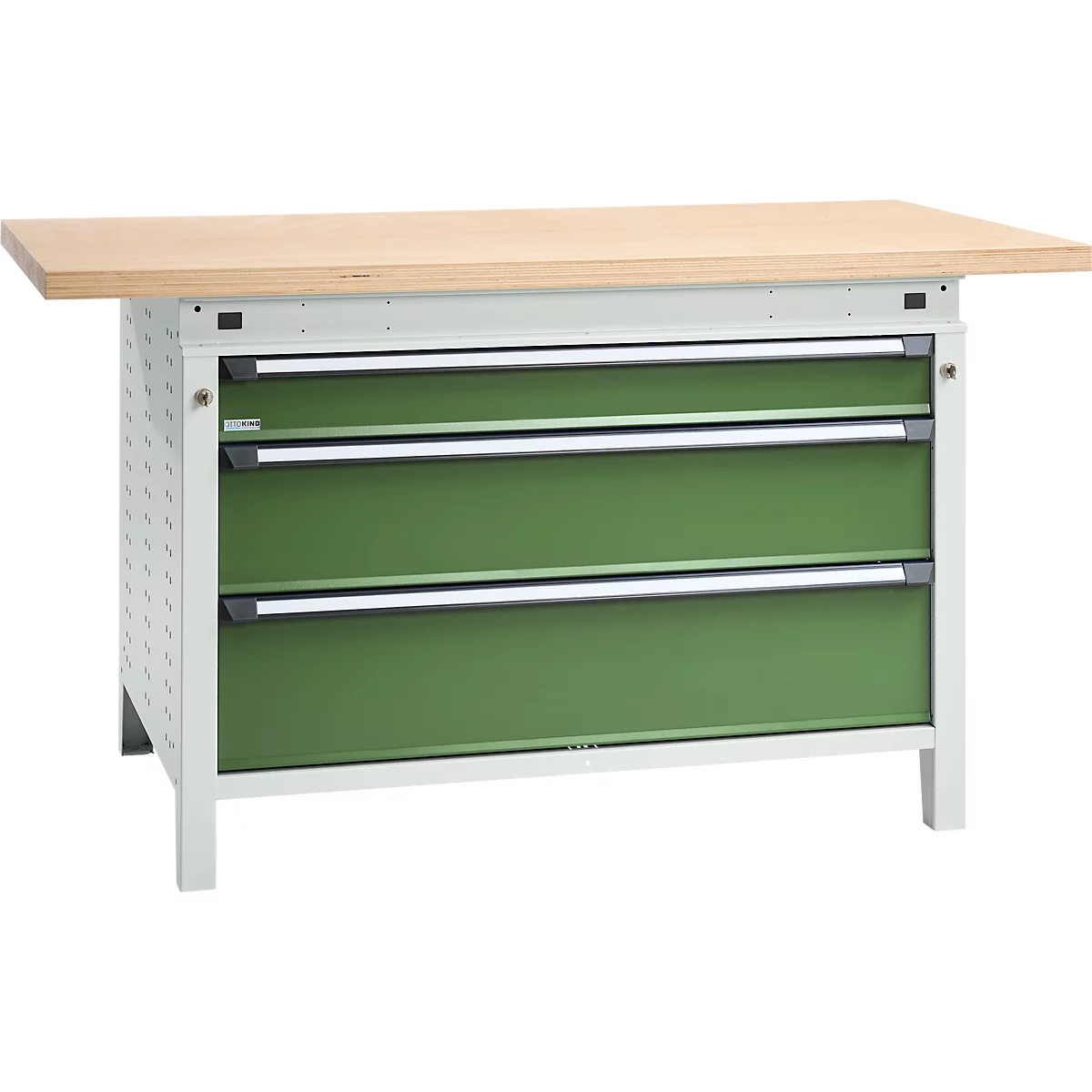 Otto Kind établi large type 405, plateau en hêtre multiplex, jusqu'à 1 200 kg, L 1524 x P 750 x H 850 mm, acier, fermeture centrale, gris clair/vert réséda