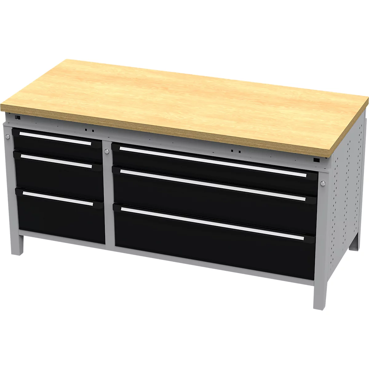 Otto Kind établi large type 420, affleurant, plateau en hêtre multiplex, jusqu'à 1400 kg, L 1697 x P 750 x H 850 mm, acier, fermeture centrale, blanc-aluminium/noir profond