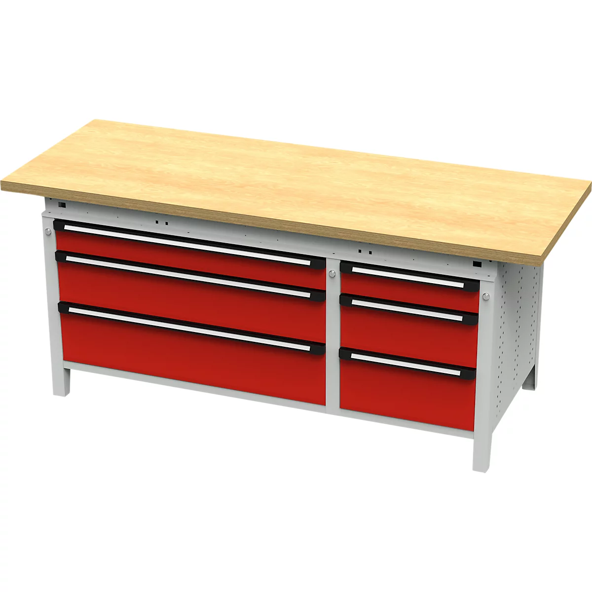 Otto Kind établi large type 425, plateau multiplex en hêtre, dépassant, jusqu'à 1400 kg, L 2004 x P 750 x H 850 mm, acier, fermeture centrale, gris clair/rouge feu