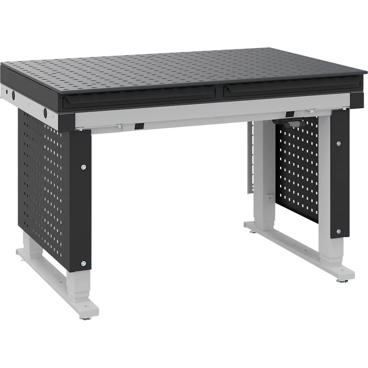 Een werkbanktafel met een zwarte geperforeerde plaat en grijze, stevige metalen poten, op een witte achtergrond.