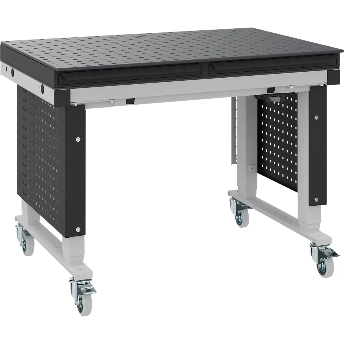 Zwarte werkbank op wielen. Het werkoppervlak is geperforeerd, de poten lichtgrijs en zwarte panelen met gaten aan de zijkanten.