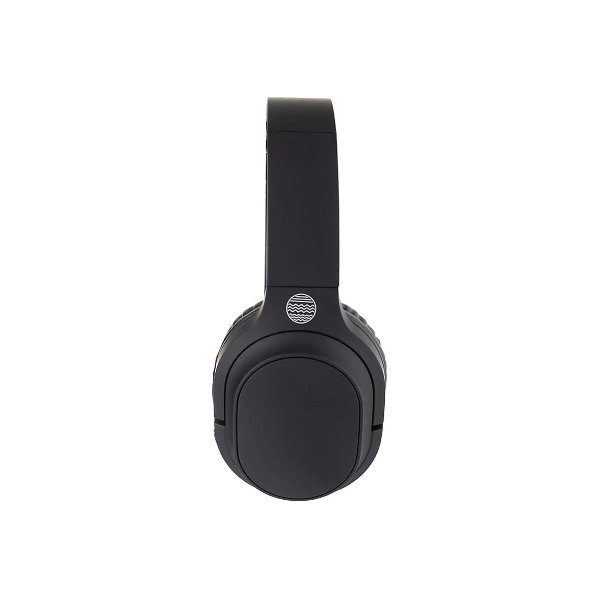 Schwarzer Kopfhörer, frontal, auf weißem Hintergrund. Oberhalb der Ohrmuschel ein Symbol.