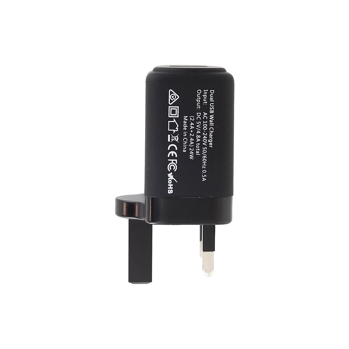 Schwarzes USB-Ladegerät mit britischem Stecker, Text: Dual USB Wall Charger, Made in China.